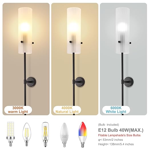 Modern Plug in Wall Sconce LED Wall Light Set of Two with On Off Switch, Cylindrical Frosted Glass Plug in Sconce for Living Room Wall Decro, Bedroom, Hallway