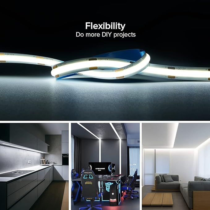 16.4FT DC12V COB LED Strip 6000K Cool White 480LEDs Flexible High Density Uniform Bright Light Strip 9W/m, CRI90+ Dimmable LED Light for DIY Kitchen Bedroom Home Decor, No Power and Controller