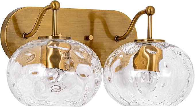 Brushed Gold Vanity Light Clear Hammered Glass Wall Sconce 2-Light Brass Wall Lamp for Hallway Living Room Stairwell Bathroom Over Mirror