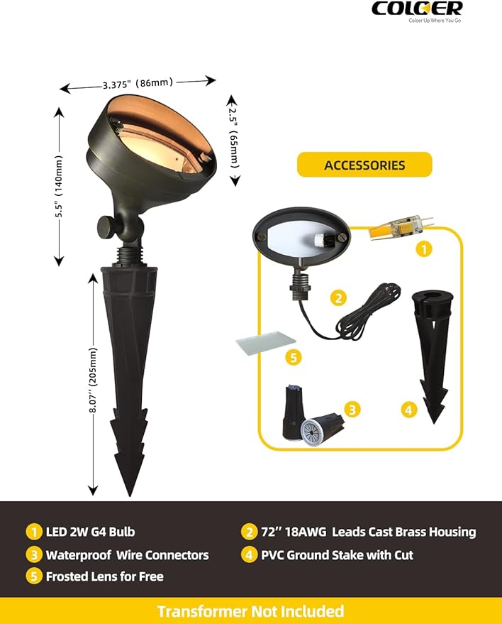 COLOER Die-cast Brass LED Landscape Flood Lights Outdoor 12-Pack with G4 Bulb, 2W 12-15 Volt Low Voltage Wall Wash Lighting, Outdoor Floodlight for Illuminating Signs, Walls and Plant Material(501B)