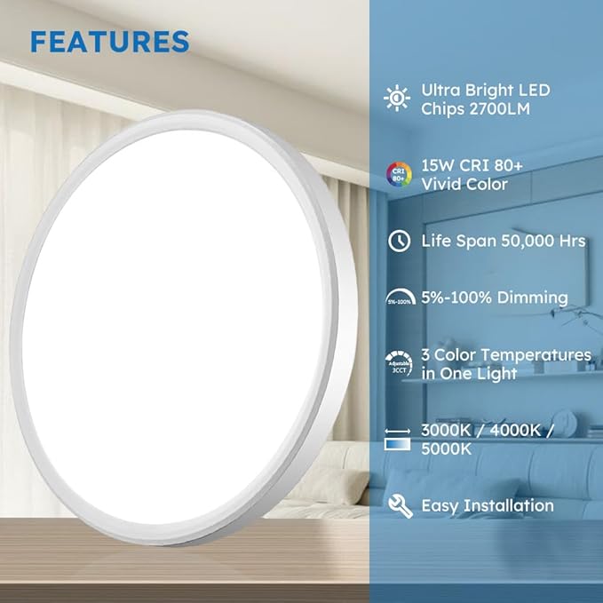 4-Pack LED Flush Mount Ceiling Light, Slim 3CCT Selectable 3000K-5000K, Triac Dimmable, Easy J-Box Installation, White Finish, Ideal for Bedroom, Kitchen,Hallway. (7 inch)