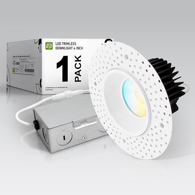 ASD Trimless LED Recessed Lighting 4 Inch, 15W 120-277V Dimmable Commercial Lights with J-Box, 5 CCT 2700K-5000K, CRI 90+, IC Rated, ETL, Energy Star, White