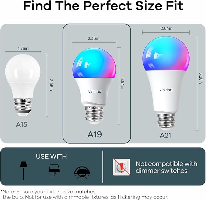 Linkind Smart Light Bulbs, Smart Bulb That Work with Alexa & Google Home, LED Light Color Changing, A19 E26 WiFi Light Bulb Dimmable, RGBTW Alexa Bulb No Hub Needed 800 Lumen, 2.4Ghz WiFi, 6 Pack