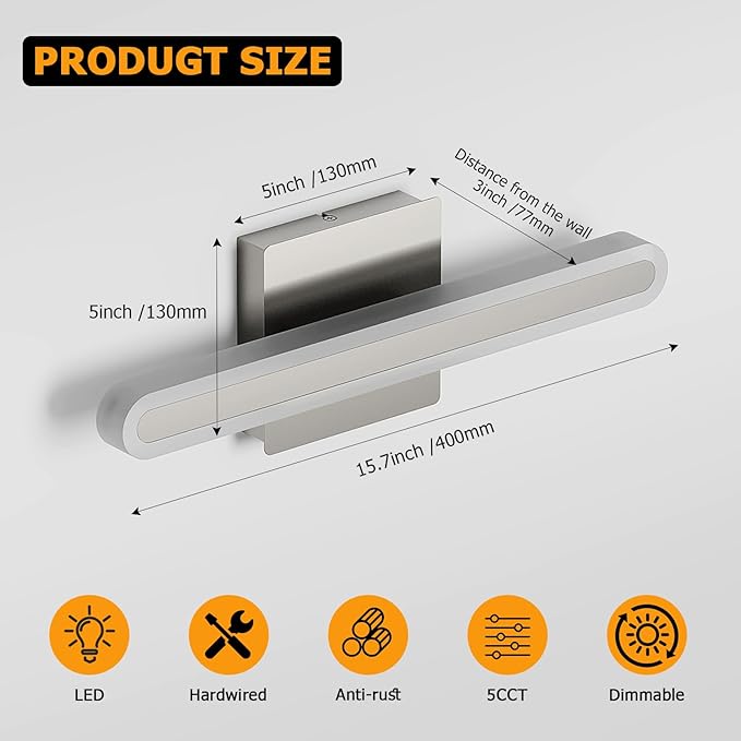 Joosenhouse 15.7 Inch Brushed Nickel Vanity Light for Bathroom – 5CCT Dimmable LED Light Bar, 16W Hardwired Mirror Light, Adjustable Brightness, Modern Bathroom Lighting