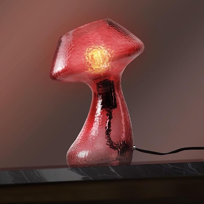 V06 Vintage Mushroom Table Lamp - Dimmable Nightstand Lamps with Clear Glass, Retro Red Bedside Lamp, Aesthetic Small Cute Nightlight for Bedroom, Living Room, Dining, Entryway, Bulb Included