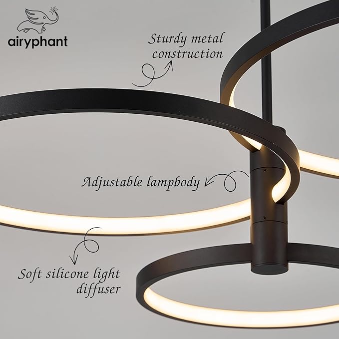 Modern LED Chandelier, 3-Ring Black Chandeliers for Dining Room Contemporary Flush Mount Chandelier Light Pendant Light Fixture for Kitchen Island Closet Living Room Bedroom
