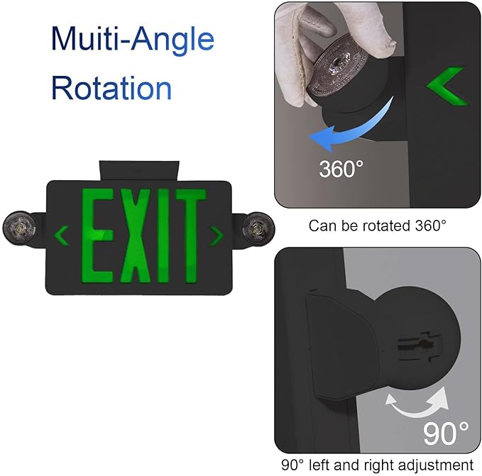 CM MZY Exit Sign with Emergency Lights, Exit Signs Light with Battery Backup,Green Emergency Lights with Black Housing, Two Adjustable Heads, Combo for Business,AC 120V/277V, UL Certified, 4 Pack