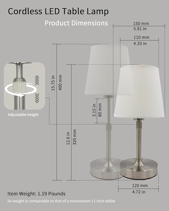 Cordless Table Lamp Rechargeable Touch Silver Mini Small Lamp Adjustable Height 5200mAh Battery Operated with Stepless Dimming Function for Bedroom Nightstand Bathroom Kitchen Counter Home Decoration