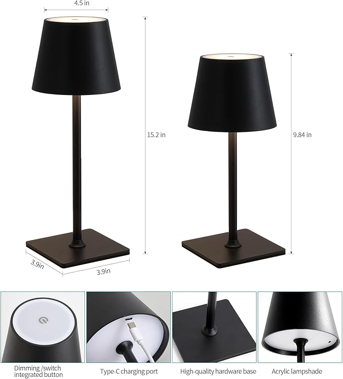 2 Pack Cordless Rechargeable LED Table Lamp with Dimmer 5000mAh Battery Operated Portable Night Light for Patio Balcony, Outdoor Bedroom & RV (Black)