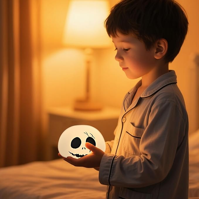 Cute Creative Christmas Skeleton Face Silicon Tap Light - Battery Powered, Multi-Color Changing, Safe and Soft for Indoor Holiday Decoration (White Skellington)