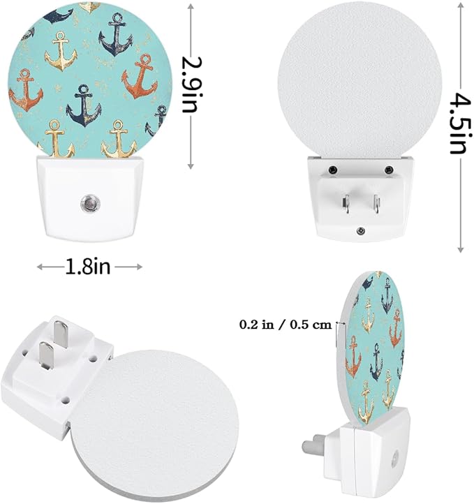 Round Night Lights Ocean Nautical Anchor LED Nightlight Plug in Dust to Dawn Auto On/Off Night Light for Bedroom Bathroom Hallway, 2 Pack