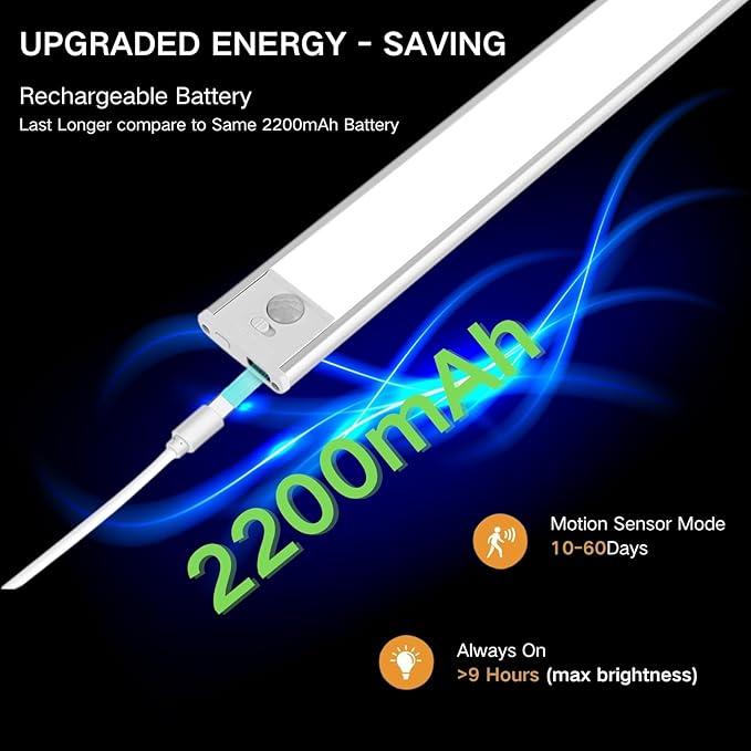 Motion Sensor Under Cabinet Lighting-Magnetic Rechargeable Closet Lights for Kitchen,Stairs,Wardrobe | 3-Color Dimmable LED Under Counter Lighting | Pro Battery Upgrade (16inch-4Pack)