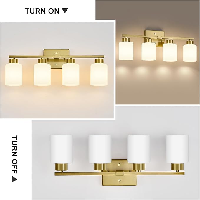Brushed Gold Bathroom Light Fixtures, 4-Light Modern Vanity Light Over Mirror, Wall Sconces with Milky White Frosted Glass Shades, E26 Socket (Bulbs Not Included)