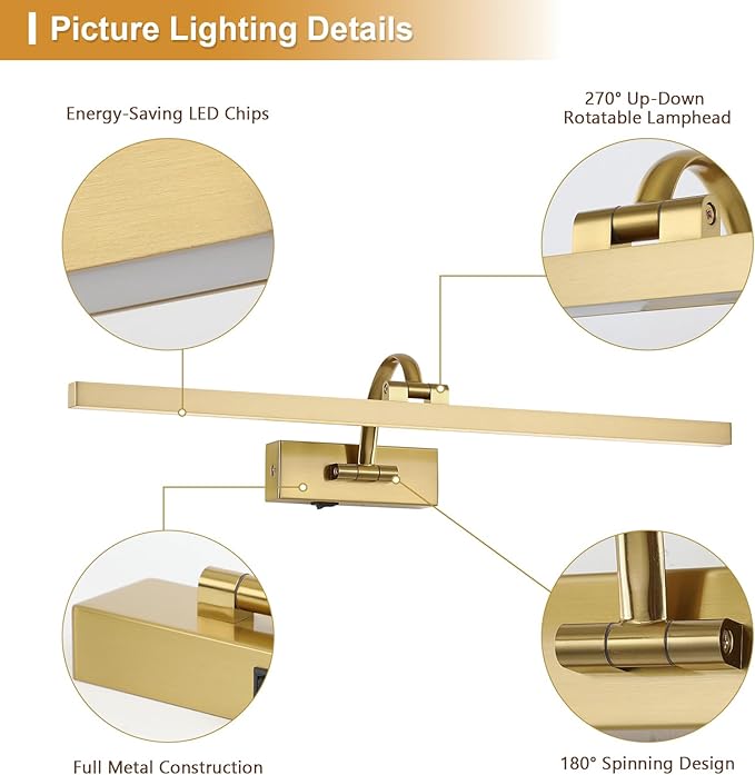 Wireless Picture Lights for Wall Battery Operated, Brass Art Lighting for Paintings Rechargeable Gallery Lights with Remote and Timer 3CCT Dimmable Painting Lights for Artwork Portrait 23.62 inch