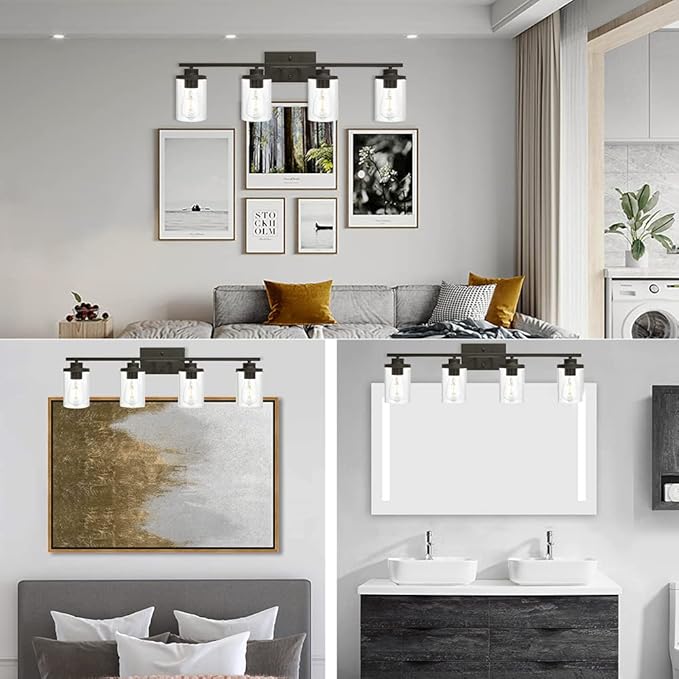 Bathroom Vanity Light Fixtures Oil Rubbed Bronze Finished 4-Light with Clear Glass Shade Contemporary Wall Sconces Bathroom Lighting Wall Mount Lamp for Kitchen Entryway Living Room Hallway