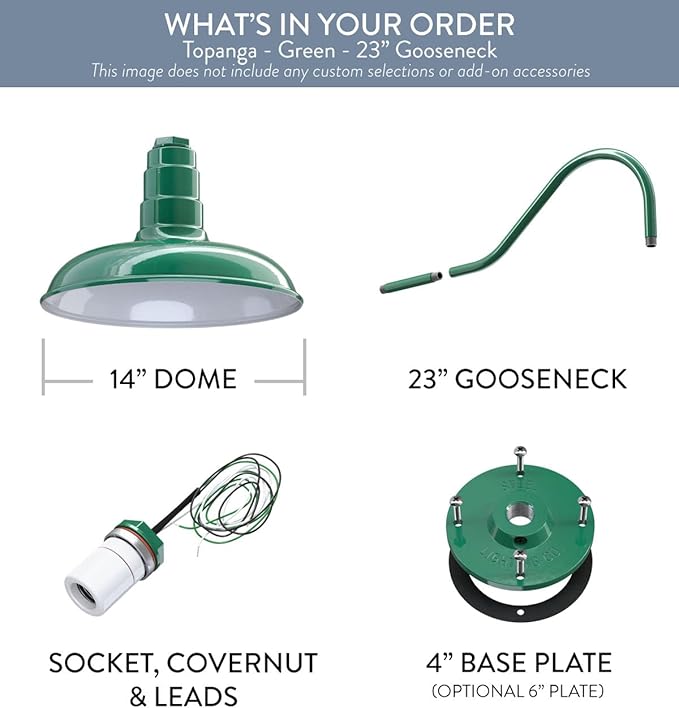 Steel Lighting Co. Topanga Barn Light | Outdoor Wall Mounted | Farmhouse Garage Light Made in America | 14 inch Dome | 23 inch Gooseneck | Green Exterior/White Interior