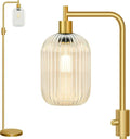 【Upgraded】 Dimmable Glass Floor Lamp for Living Room, Modern Gold Standing Lamp with Clear Ribbed Glass Lampshade & Knob Dimmer, Arc Tall Lamp for Bedroom Office Reading Room, 2700K Led Bulb Included