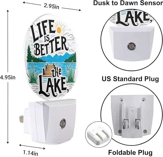 Plug-in Lake Life Inspiration Night Light Dock and Mountain View Nightlight with Dusk to Dawn Sensor, Auto On/Off 0.5W Energy-Saving LED Lighting for Men Women Boys Girls Gift