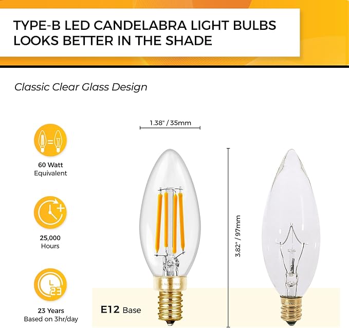 Hizashi 90+CRI Candelabra LED Light Bulbs 60 Watt, 2700K Warm White, E12 LED Bulb Dimmable, B11 Chandelier Light Bulbs, 6W, 550LM, Candle Light Bulbs, UL Listed, 12 Pack