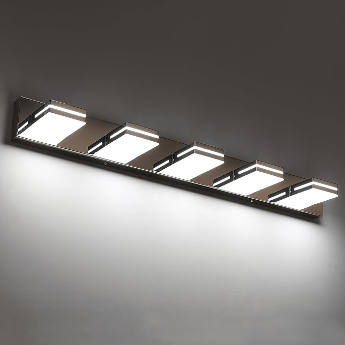 SineRise LED Modern Bathroom Vanity Light Fixtures (5-Light, 40-Inch, Dimmable), Chrome Modern Acrylic Bathroom Wall Lighting Fixtures Over Mirror (Cool White 6000K)