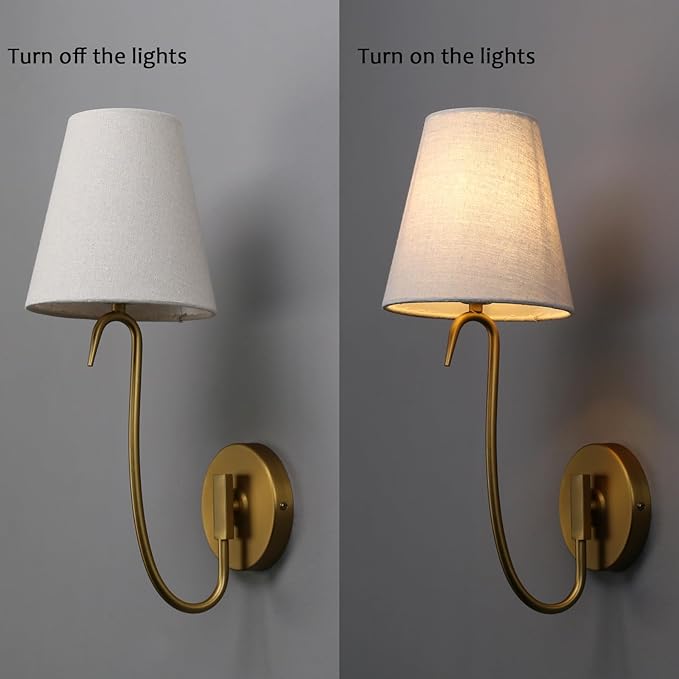 PERMO Antique Gold Wall Sconce with Linen Fabric Shade E26 Hardwired Vintage Rustic Wall Light, Goose-neck Design for Bedroom, Living Room