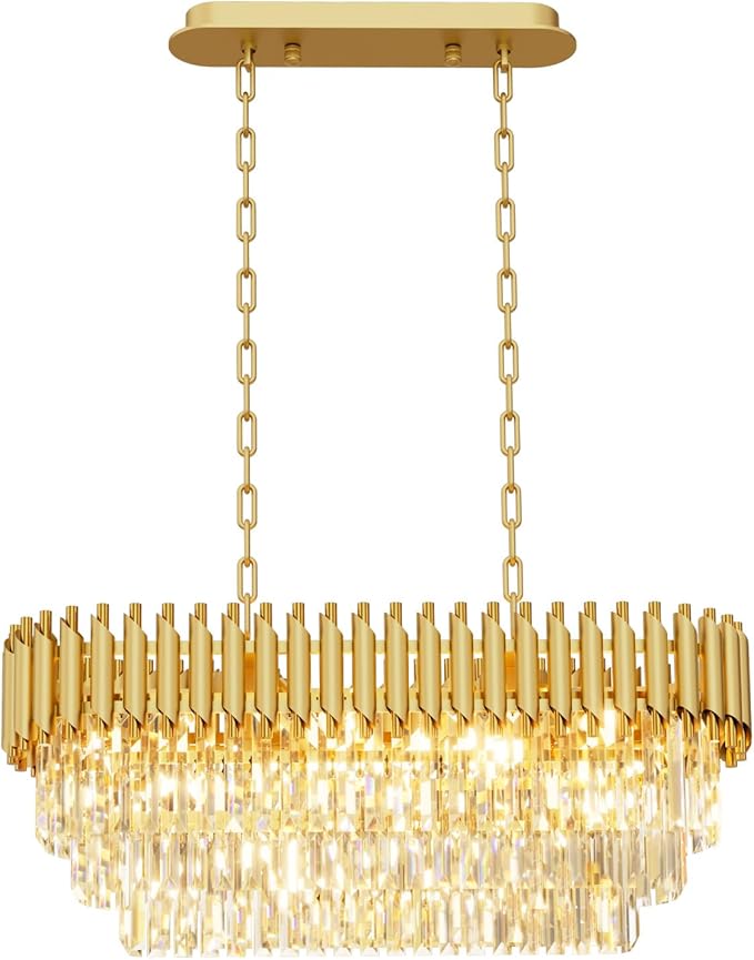 31.5" 8-Light Modern Gold Crystal Chandelier, Luxury Rectangular Raindrop Pendant Light Fixture for Dining Room, Kitchen Island, Living Room, Farmhouse Ceiling Lighting