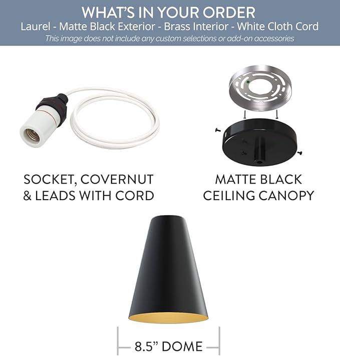 Steel Lighting Co. Laurel Pendant Light | Ceiling Mounted | 8.5 inch Cone Shade | Modern Contemporary Farmhouse Style Made in America | White Cloth Cord | Matte Black Exterior/Brass Interior