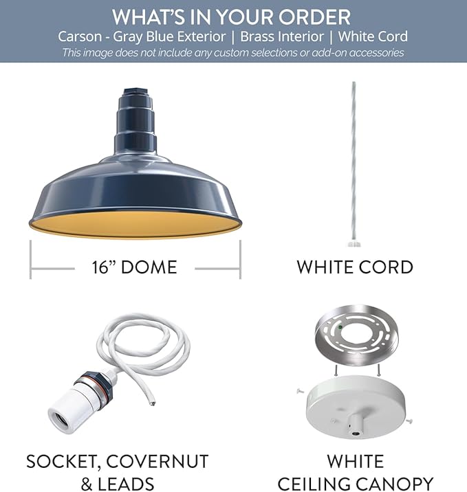 Steel Lighting Co. Carson Barn Light | Ceiling Mounted Pendant | 16 inch Dome | 4' White Cord | Industrial Style Steel Light Made in America | Gray Blue Exterior/Brass Interior