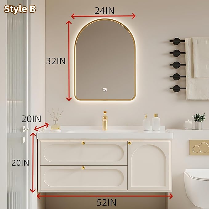 52IN Creamy White Floating Bathroom Vanities - Bathroom Vanity with Open Style Storage Shelf | Intelligent Mirror with Time Display has Defogging & Lighting, Water Blocking Edge, 2 Drawers (Style B)