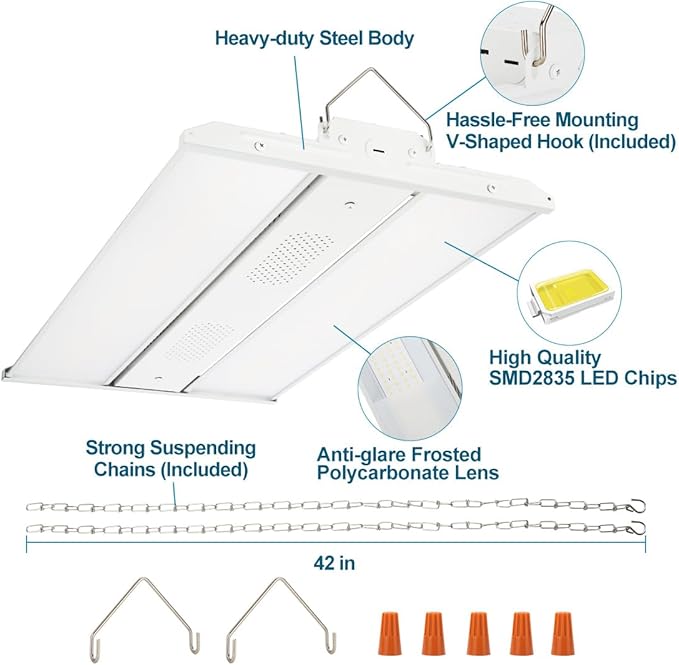 (2 Pack) LED high Bay Shop Light 220W 30800 Lumens 5000K 100-277V Dimmable, Commercial Linear Bay Lights for Warehouse Workshop Supermarket Stadium, Power Tunable 220W/165W/110W, 2FT