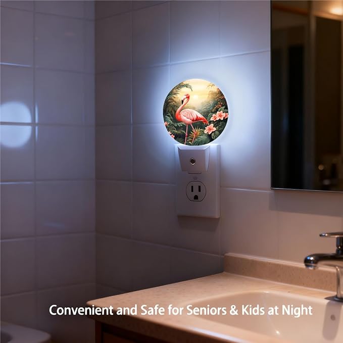 Plug-in Pink Flamingo Night Light Tropical Foliage and Flowers Night Lights Plug into Wall with Auto on/Off Sensor, 0.5W LED Nightlight for Bedroom Bathroom Kitchen Hallway