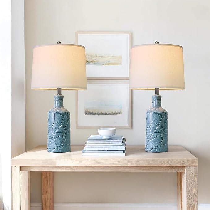 PoKat 26'' Farmhouse Ceramic Table Lamps Set of 2, Blue Bedside Lamps for Living Room, Nightstand Lamps for Bedroom Night Stands, Bedroom Lamps for Side Table End Table Hallway, Blue