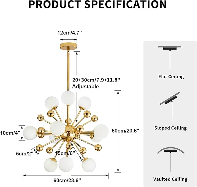 KCO Lighting Sputnik Chandelier Lighting Fixture Gold Mid Century Modern Hanging Pendant Light, Frosted Glass Modern Ceiling Pendant Light Living Room Dining Room (11 Lights)