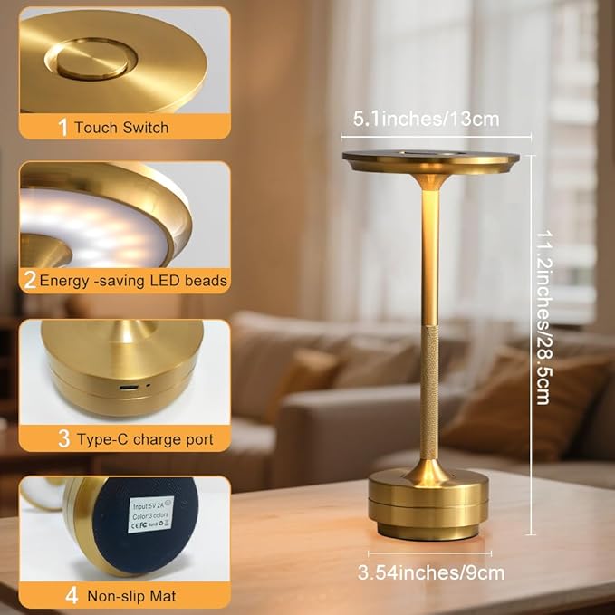 EJQ Cordless Table Lamp Rechargeable, Portable Outdoor Camping Lamps with 5000mAh Battery 3 Color Stepless Dimming LED Bedside Table Light, Modern Table Lamp for Dinning/Outdoor/Bar/Patio(Gold)