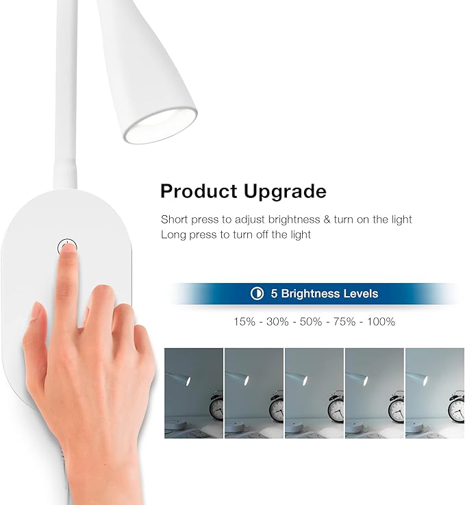 Wall Mounted Reading Light Set of 2, Dimmable Touch Control USB Output LED 360° Swivel Lamp Head 4000k Bed Lights, Easy to Install