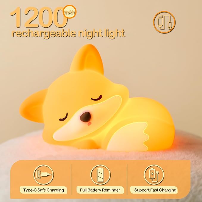 ATSUI Fox Night Light, LED Squishy Novelty Animal Lamp, Food Grade Silicone, 2 Level Dimmable, Nursery Nightlight for Desk Decor, Funny Gifts Stuff for Boys Girls Baby, White Elephant Gifts