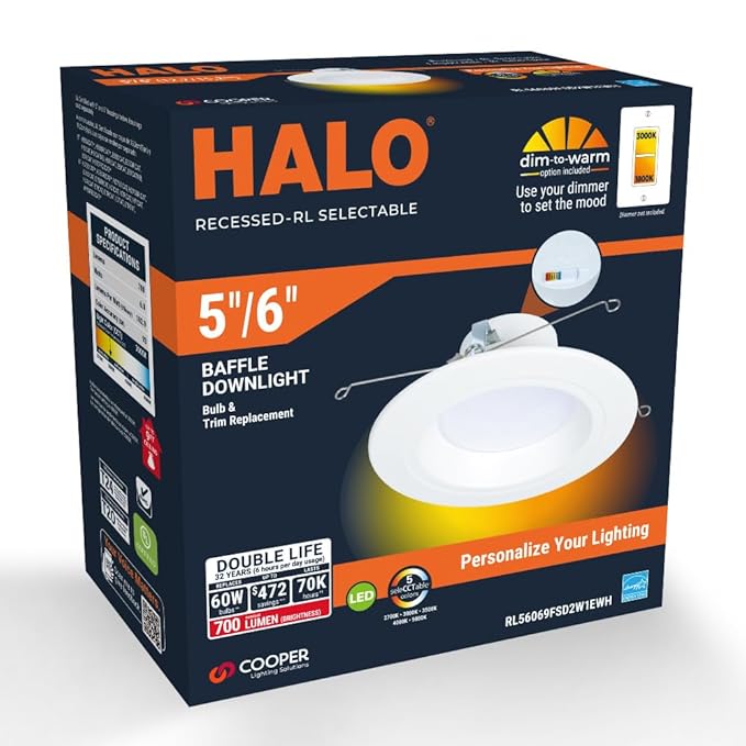 HALO 5/6 inch LED Recessed Light Trim with Selectable Color Temperature 2700K-5000K Dimmable Wet Location Indoor Outdoor Downlight Retrofit RL56069FSD2W1EWH
