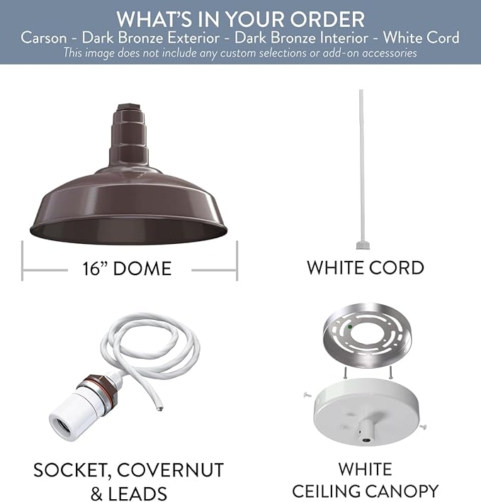 Steel Lighting Co. Carson Barn Light | Ceiling Mounted Pendant | 16 inch Dome | White Cord | Industrial Style Steel Light Made in America | Dark Bronze Exterior/Dark Bronze Interior