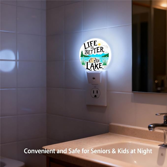Plug-in Lake Life Inspiration Night Light Dock and Mountain View Nightlight with Dusk to Dawn Sensor, Auto On/Off 0.5W Energy-Saving LED Lighting for Men Women Boys Girls Gift