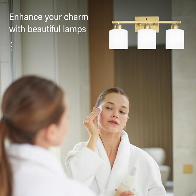 3 Light Gold Bathroom Light Fixtures, Modern Bathroom Vanity Lights with Milky White Frosted Glass Shades, Gold Vanity Mirror with Lights for Mirror Living Room E26 Base