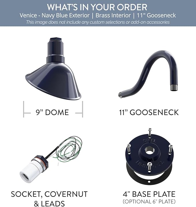 Steel Lighting Co. Venice Store Sign Light | for Outdoor Restaurant Accent Wall | 9 inch Dome | 11" Gooseneck | Made in America | Navy Blue Exterior/Brass Interior