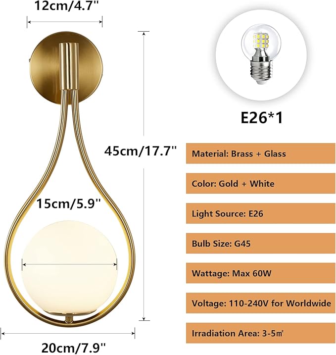 Modo Lighting Globe Glass Wall Sconce Modern Mid Century Drop Design Wall Mounted Light Brushed Brass Wall Lamps Wall Washer for Bedside Living Room (1 Pack,Gold)