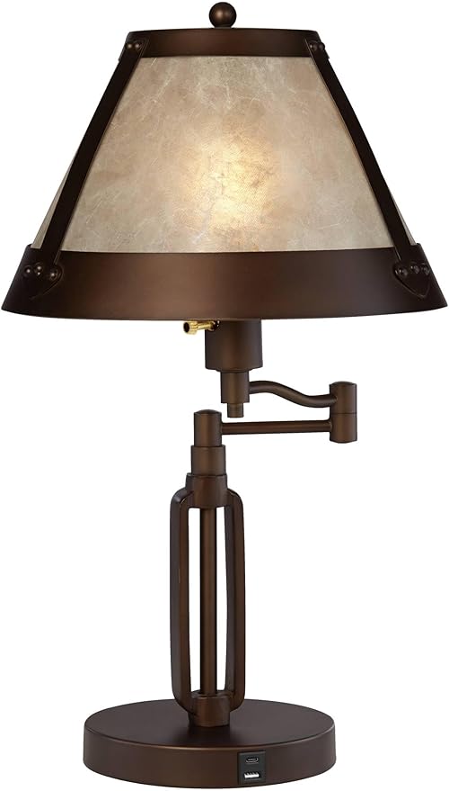 Franklin Iron Works Samuel 21 1/4" High Rustic Swing Arm Accent Table Lamp with USB Ports A+C Charging Bronze Natural Mica Shade for Living Room Bedroom House Bedside Nightstand Home Office Family