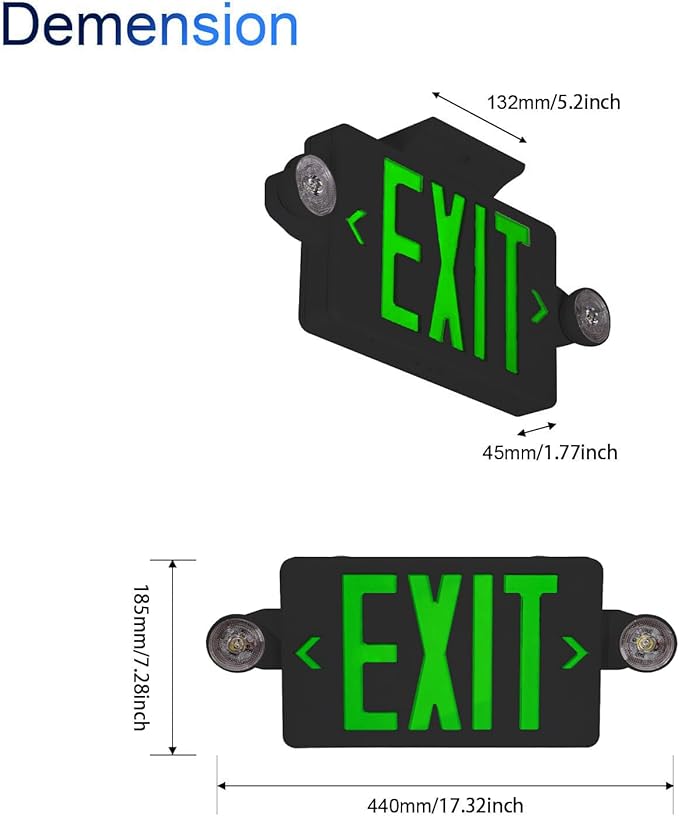 CM MZY Exit Sign with Emergency Lights, Exit Signs Light with Battery Backup,Green Emergency Lights with Black Housing, Two Adjustable Heads, Combo for Business,AC 120V/277V, UL Certified, 4 Pack