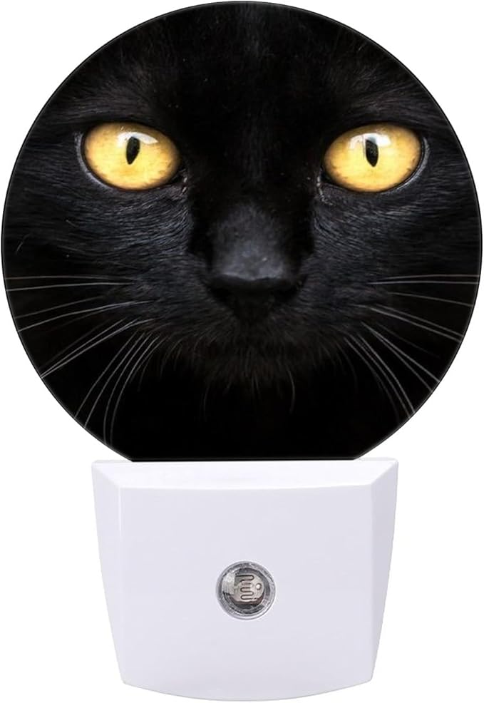 Round LED Night Light,Black White Cat Face Close Up Crop LED Night Light Plug into Wall with Dusk to Dawn Light Sensor White Energy Efficient Nightlight for Bedroom Hallway Living Room Kitchen