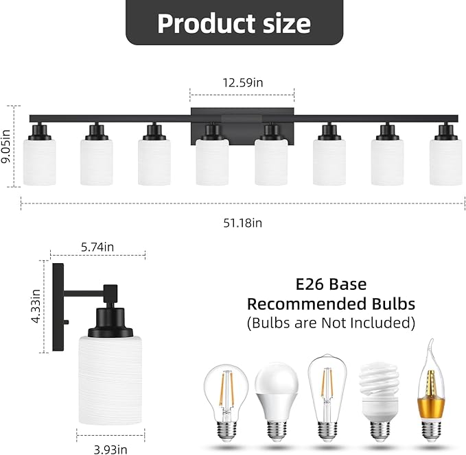 8-Light Bathroom Light Fixtures Over Mirror, 52inch Modern Matte Black Vanity Lights with White Frosted Glass Shade, Bathroom Wall Lamp Sconces for Mirror Bedroom, Living Room Hallway