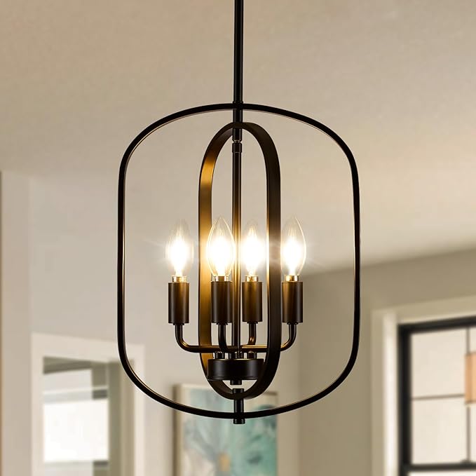 Black Chandelier Light Fixture, 4-Light Dining Room Chandelier Over Table Farmhouse Rustic Small Entryway Chandeliers Hanging Island Pendant Lights for Kitchen Entryway Foyer Living Room