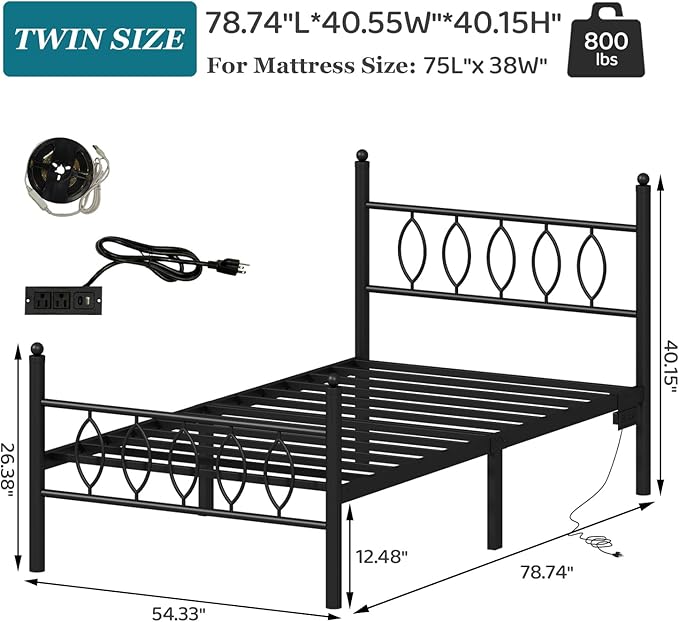 Twin Size Bed Frame with Headboard,Black Metal Platform Bed Frame Twin Size with Charging Station & LED Lights,12-Inch Under Bed Storage,No Box Spring Needed,Noise Free,Easy to Assemble