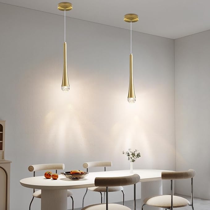 Modern Gold LED Pendant Light, Kitchen Island Ceiling Hanging Lights, Teardrop Bubble Crystal, 3 Color 2700K/4500K/6500K, Bedside Small Chandeliers Lamps for Bar, Dining Room, Bathroom, Hallway