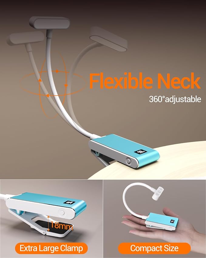 Rechargeable Book Light for Reading at Night in Bed, Clip On Reading Light with Power Display, 90 Hrs Runtime,Brightness Adjustable for Eye-Protection Reading Book Bookmark Lamp for Book Lovers